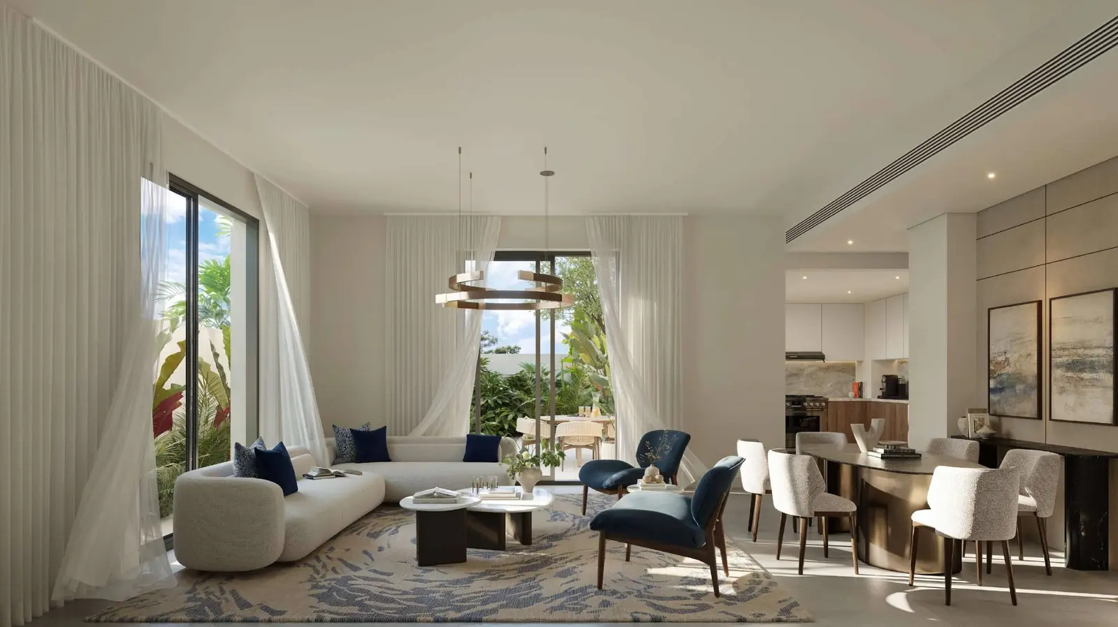Parkside residential cluster at Al Ghadeer Parks showing townhouses surrounded by greenery and walkable community design.
