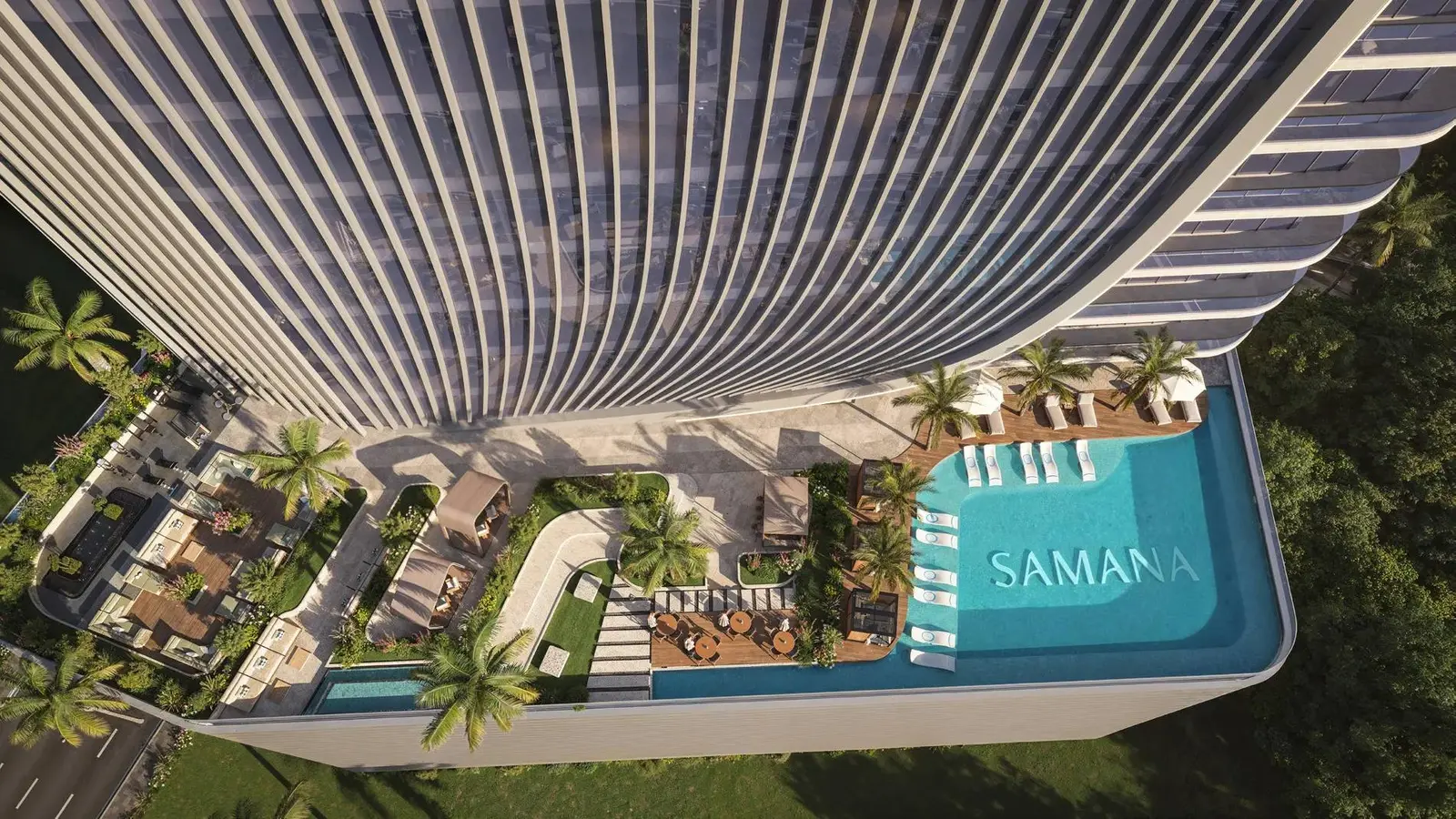 Facade detail exterior at Samana Business Hub Downtown Jebel Ali Dubai highlighting the glazing modules and the structural framing rhythm