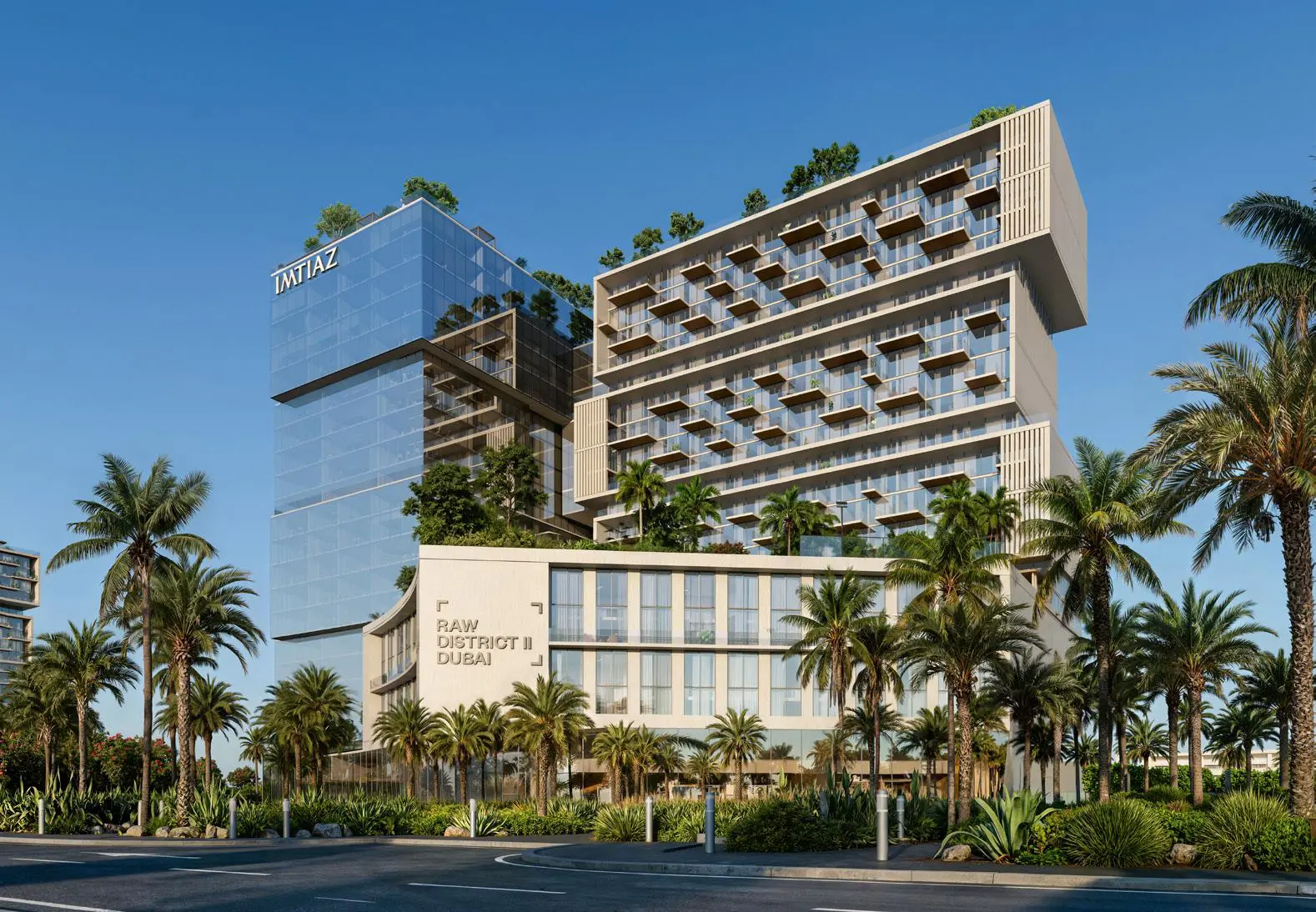 Raw District Phase 2 exterior view in Jebel Ali Freezone Extension, Dubai, highlighting modern apartments and contemporary building design.