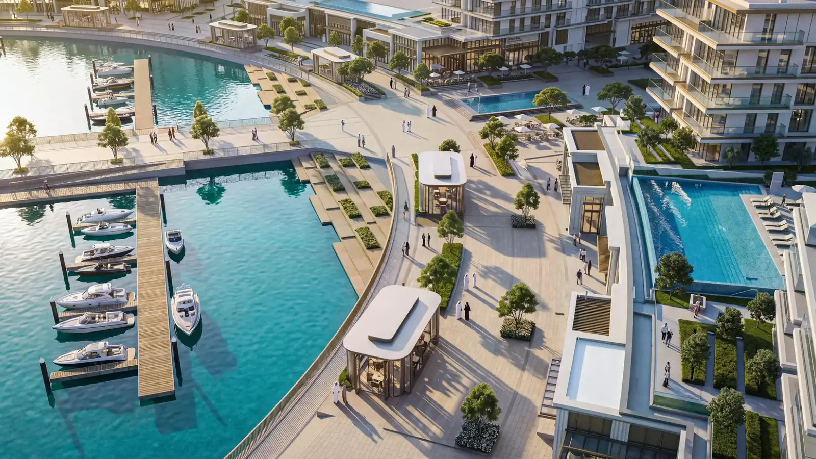 Vibrant pedestrian promenade with waterfront dining at Ramhan Marina Residences located on Ramhan Island Abu Dhabi..jpg