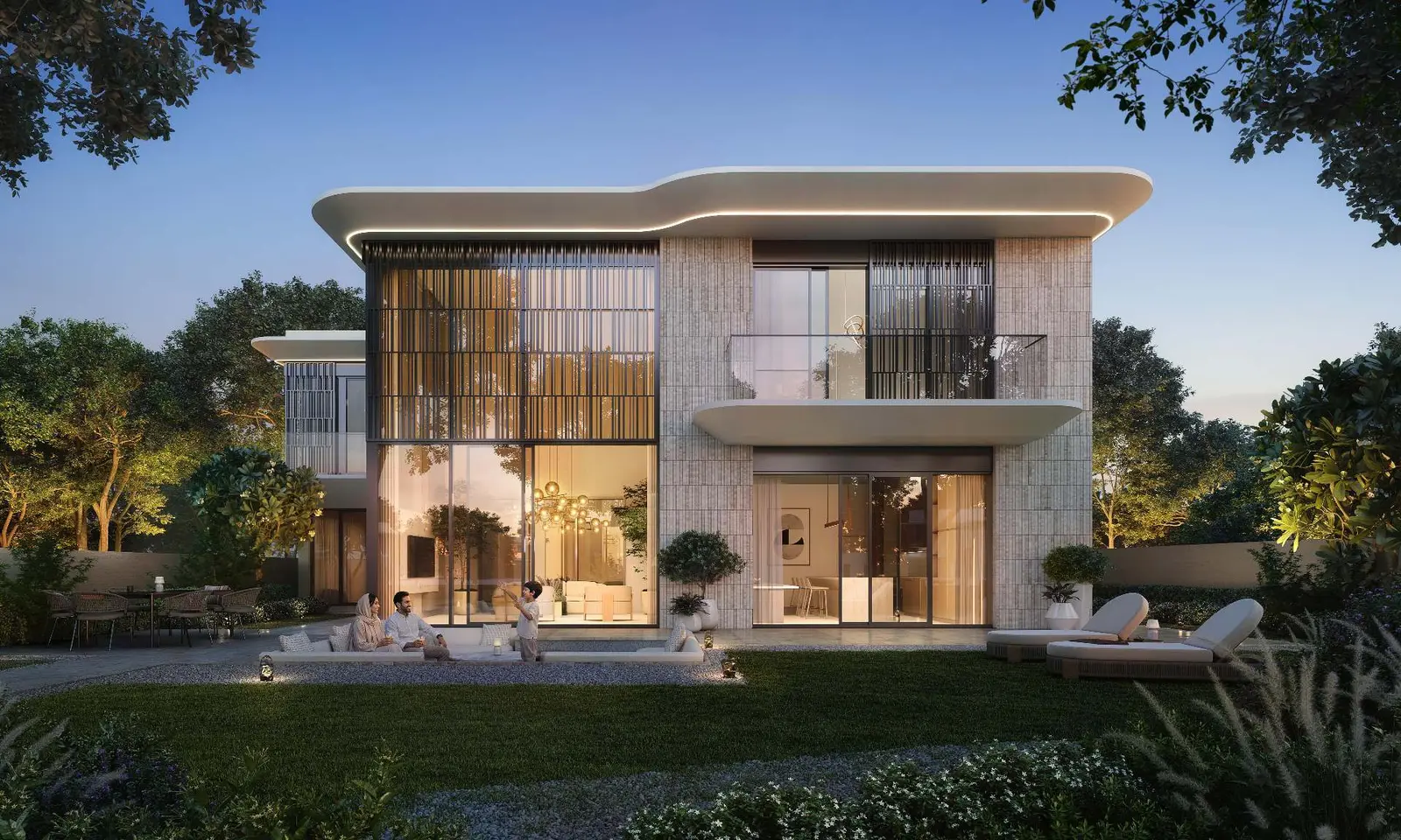 Modern luxury villa at Talay on Saadiyat Island, showcasing clean architectural lines, warm wood-paneled accents, and a wide paved driveway under a clear sky.