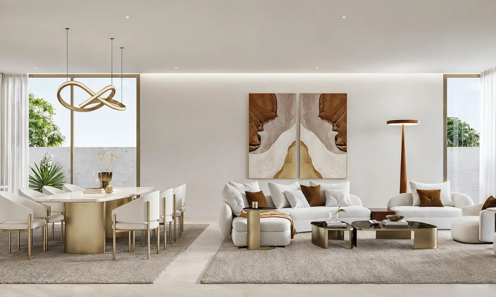 Luxury primary bedroom suite featuring a king-size bed, soft beige textiles, and a private balcony overlooking Saadiyat Island.