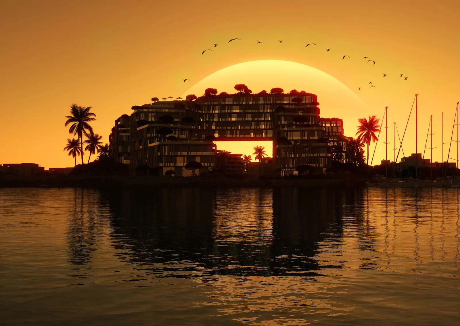 The Wadi waterfront at sunset
