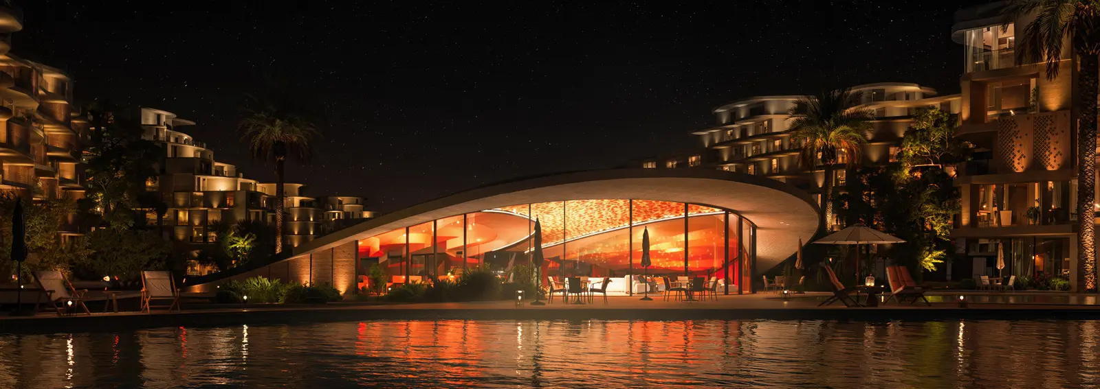 The Wadi waterfront dining at night