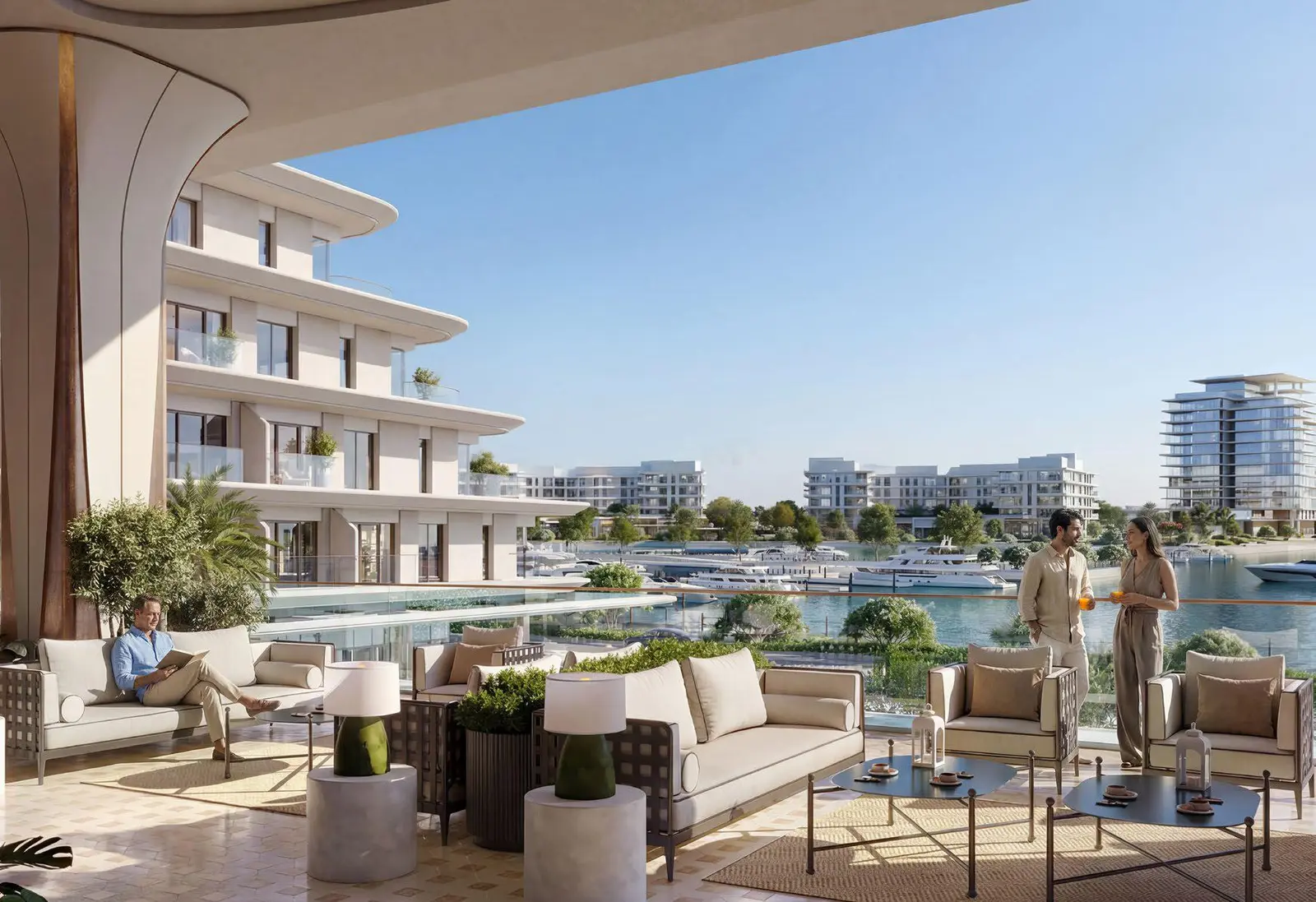 The Bristol Ramhan Island modern building façade overlooking the marina and surrounding coastal landscape.