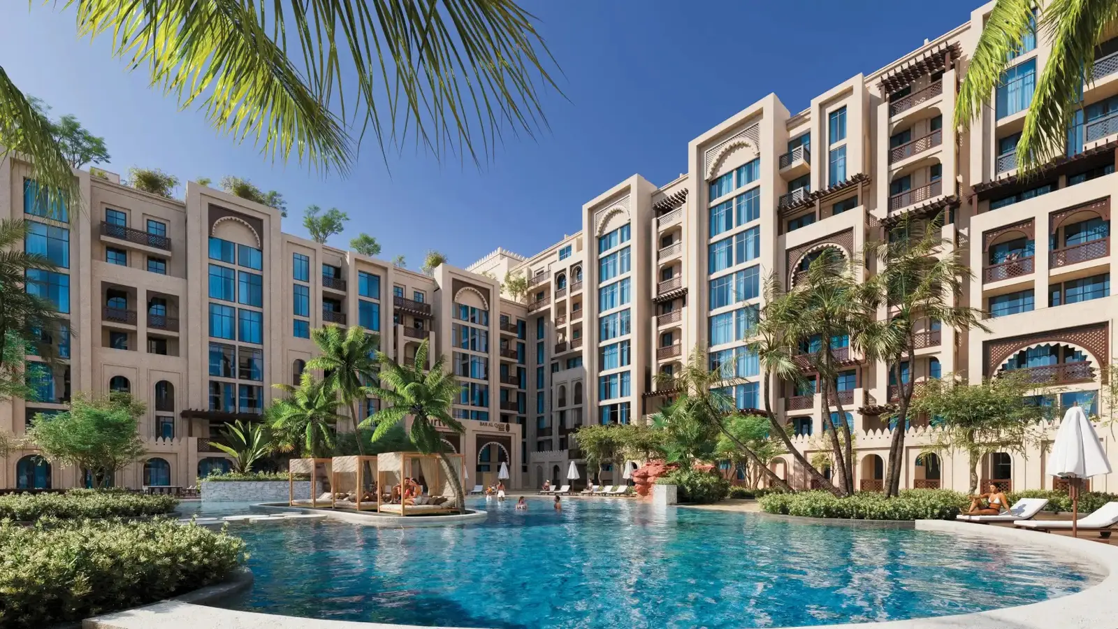 Exterior facade of Bab Al Qasr Resort Residence 18 with Emirati arches Masdar City