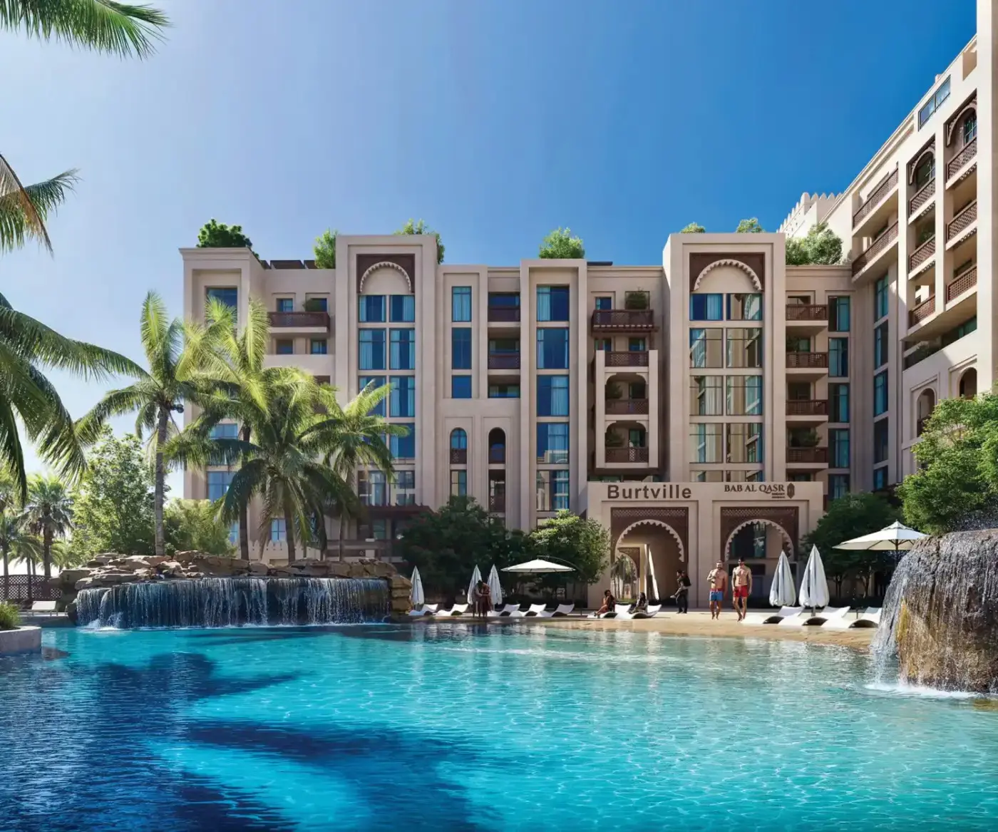 Sandy beach pool exterior view at Bab Al Qasr Resort Residence 18 Masdar City