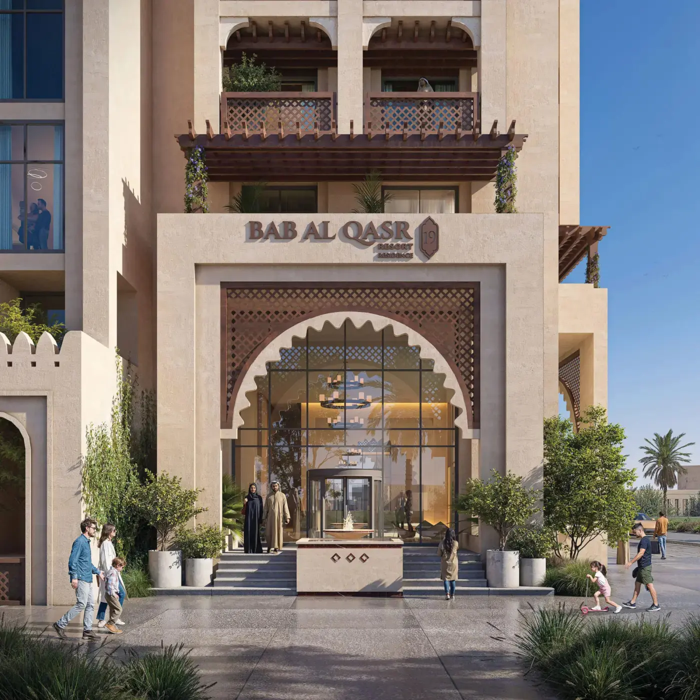 Night view of the Bab Al Qasr Resort Residence 18 exterior Masdar City Abu Dhabi