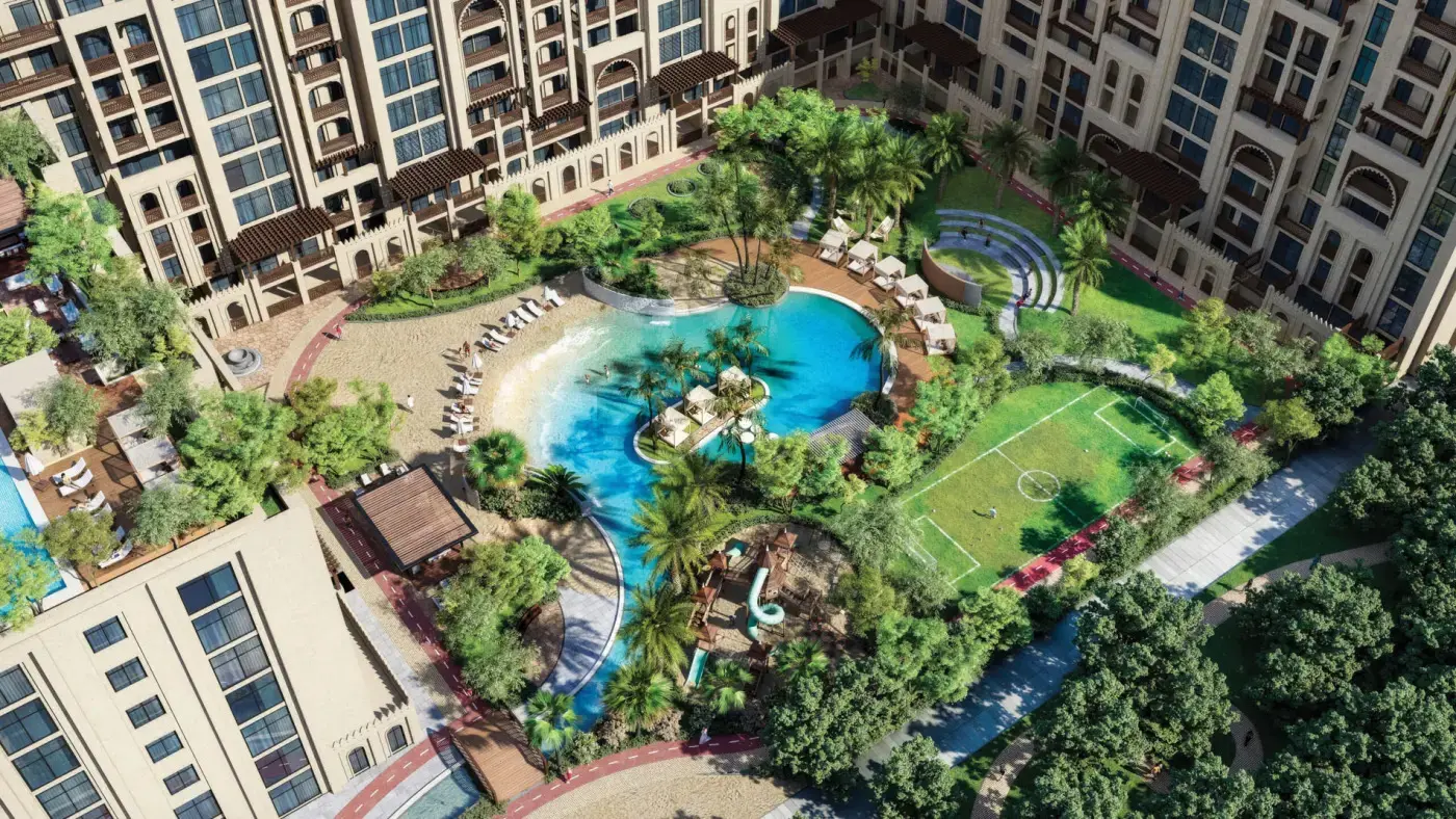 Aerial exterior view of the Bab Al Qasr Resort Residence 18 towers Masdar City Abu Dhabi