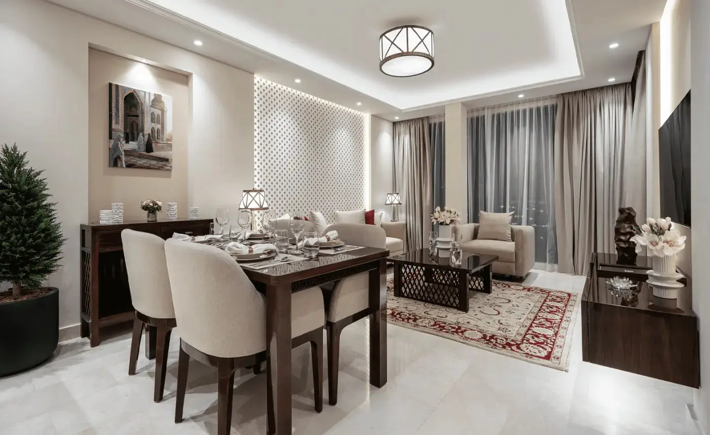 Spacious open-plan living room with sea views at Bab Al Qasr Residence 25.