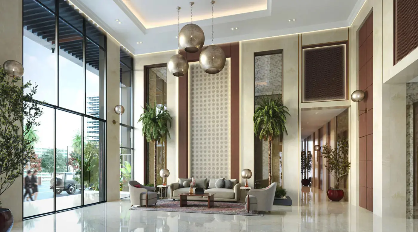 Fully furnished living room interior at Ville 12 apartment Masdar City Abu Dhabi