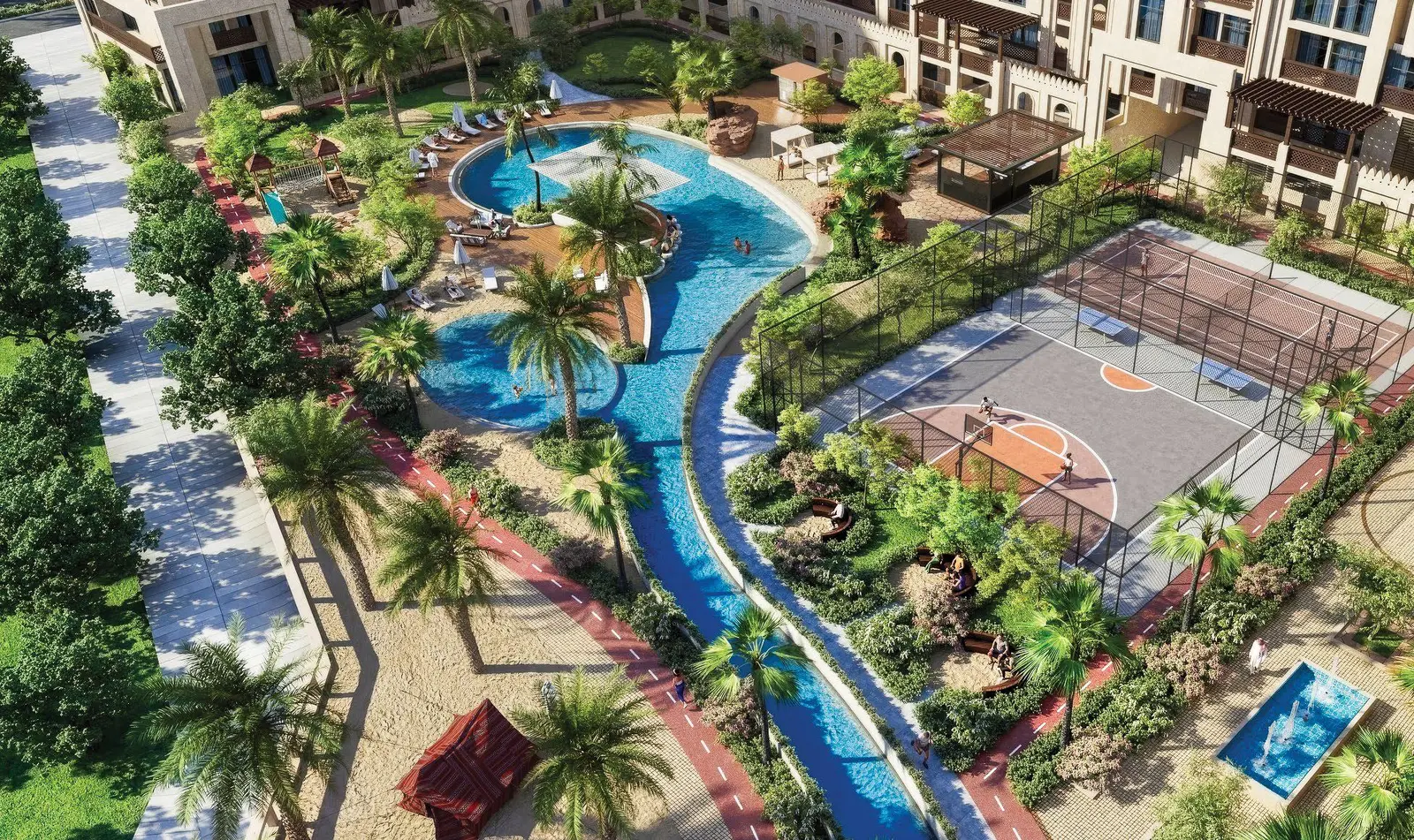 Bab Al Qasr Resort Residence 19 in Masdar City, Abu Dhabi featuring landscaped gardens, water features and residential architecture
