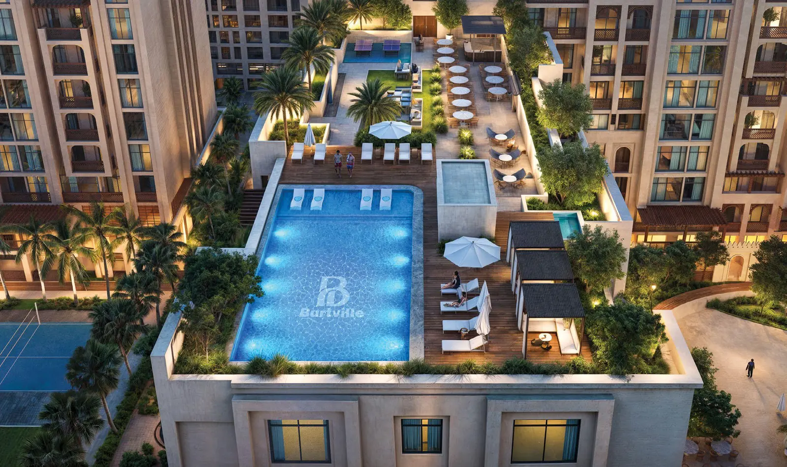 Bab Al Qasr Resort Residence 19 in Masdar City, Abu Dhabi featuring outdoor swimming pools, cabanas and scenic seating areas