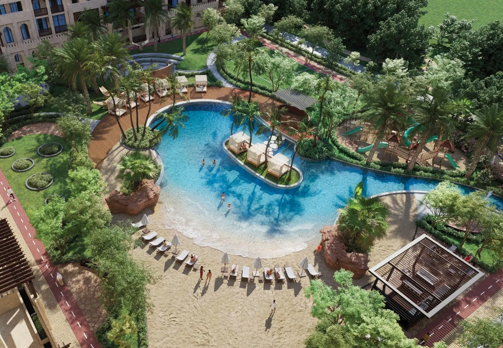 Bab Al Qasr Resort Residence 19 in Masdar City, Abu Dhabi showcasing sandy beach pools and landscaped leisure facilities