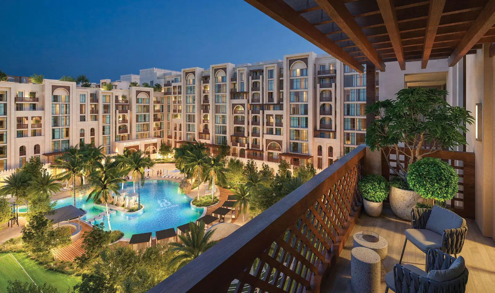 Bab Al Qasr Resort Residence 19 in Masdar City, Abu Dhabi showcasing shaded terraces and recessed balconies with Emirati design