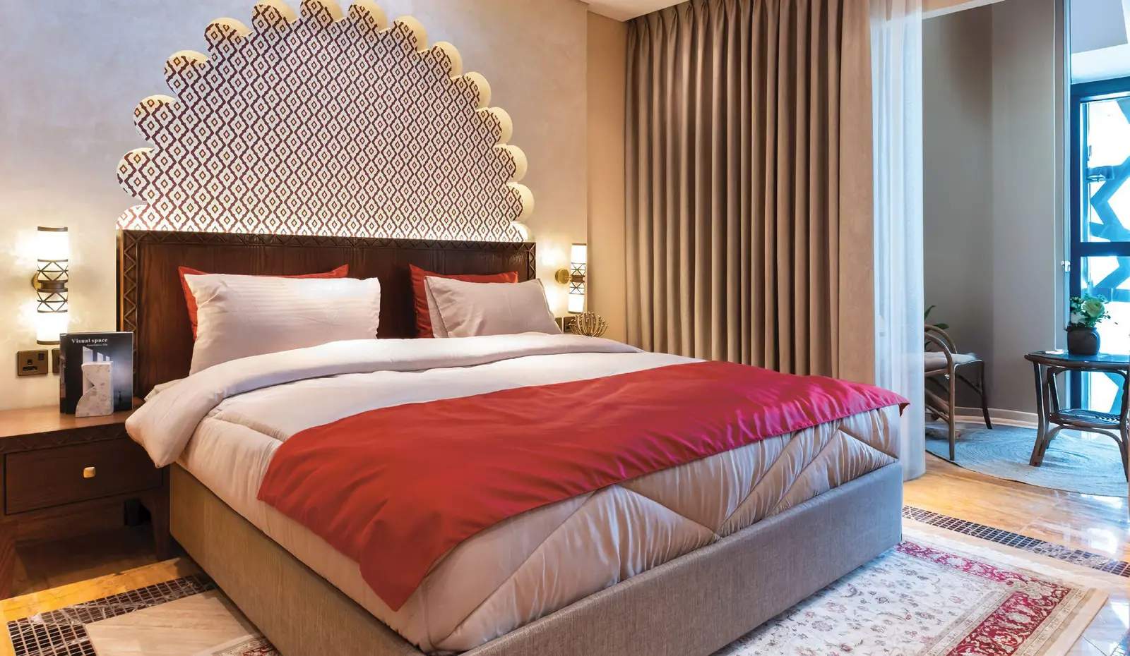 Bab Al Qasr Resort Residence 19 bedroom interior in Masdar City Abu Dhabi with warm tones elegant furnishings and refined lighting