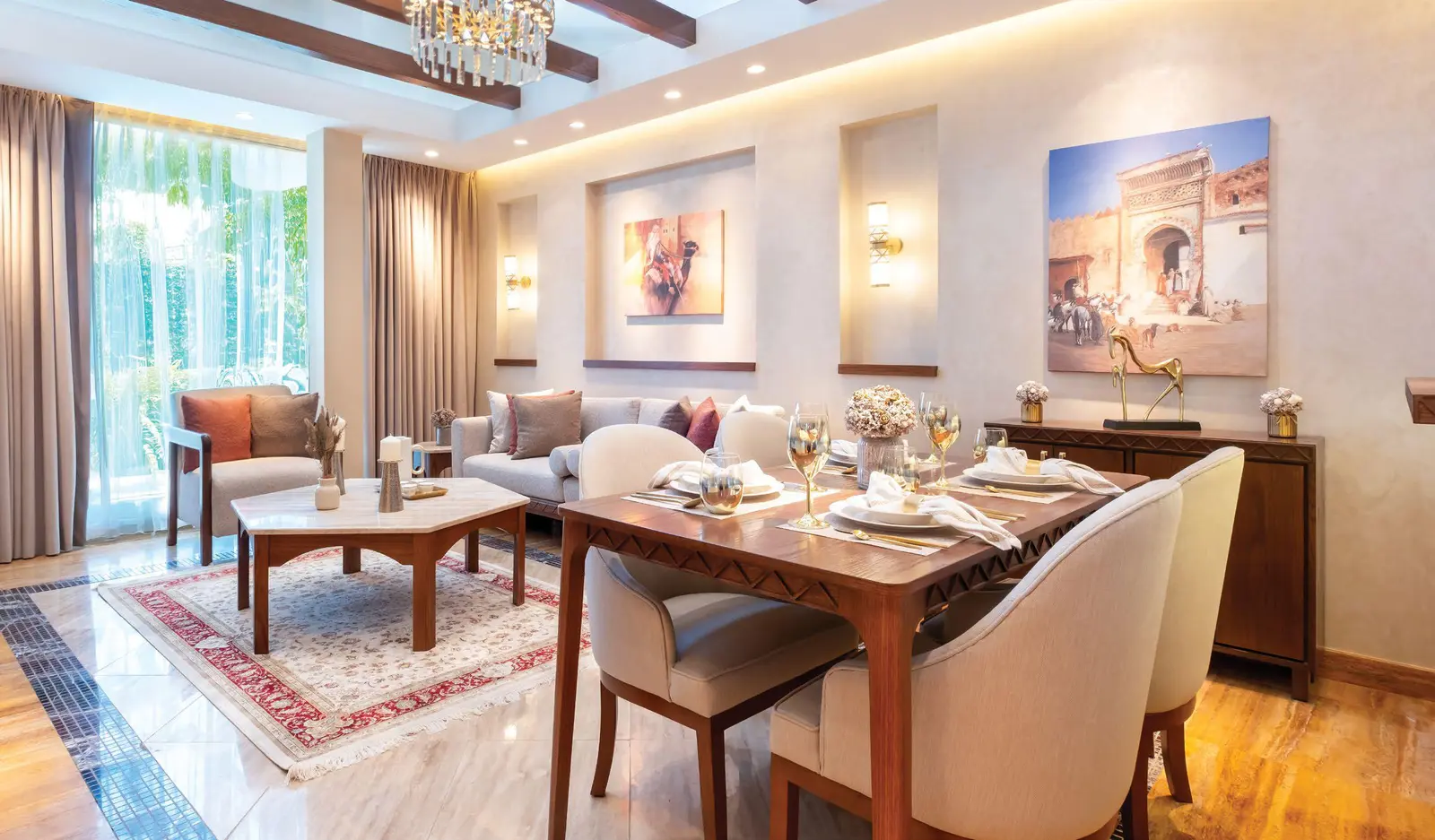 Bab Al Qasr Resort Residence 19 living room in Masdar City Abu Dhabi with warm tones natural textures and elegant furnishings