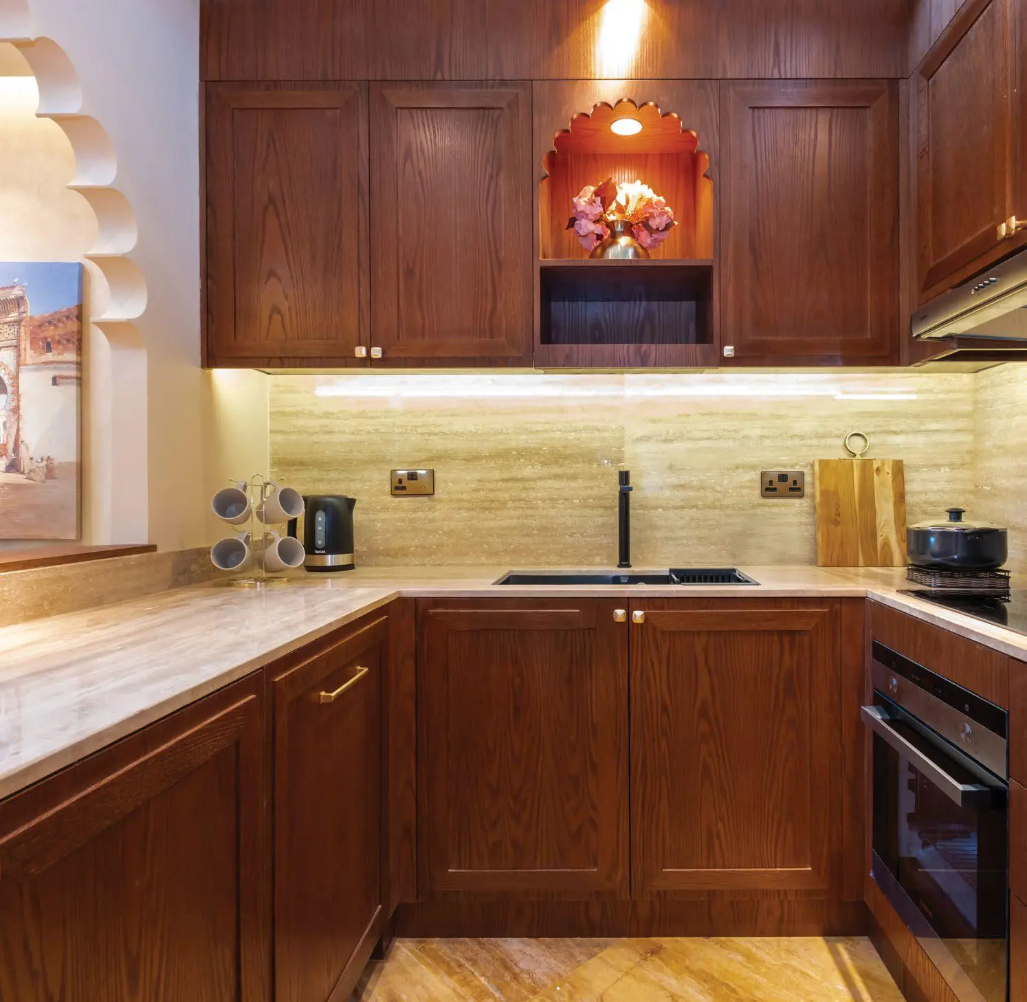 Bab Al Qasr Resort Residence 19 kitchen interior in Masdar City Abu Dhabi with premium finishes elegant cabinetry and modern appliances