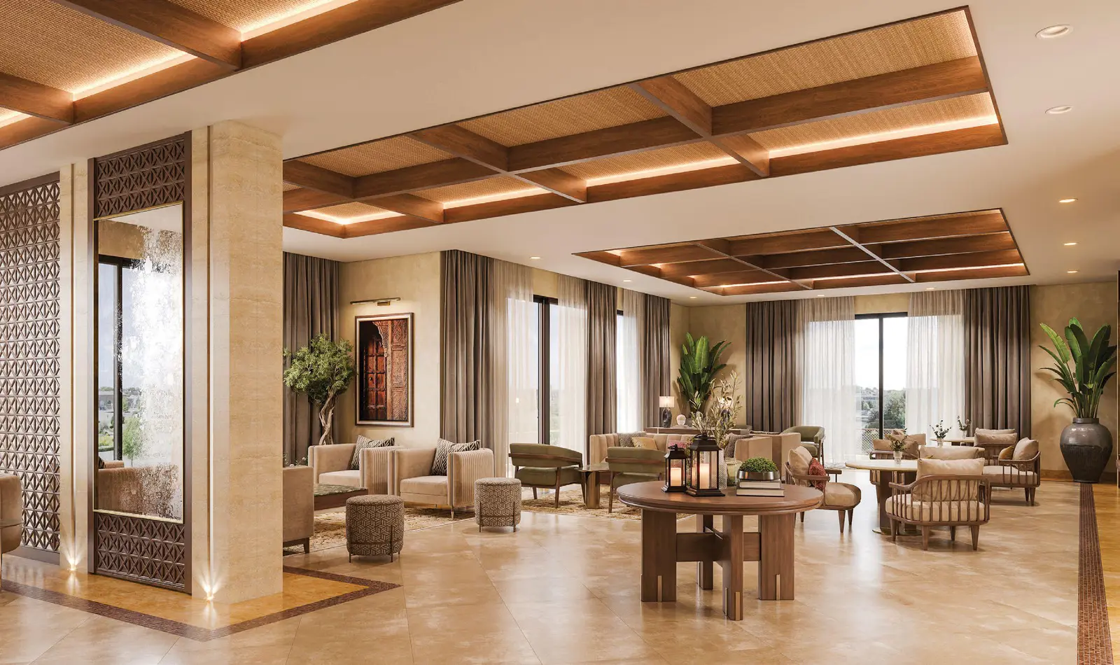 Bab Al Qasr Resort Residence 19 living space in Masdar City Abu Dhabi featuring high ceilings refined lighting and premium interior finishes