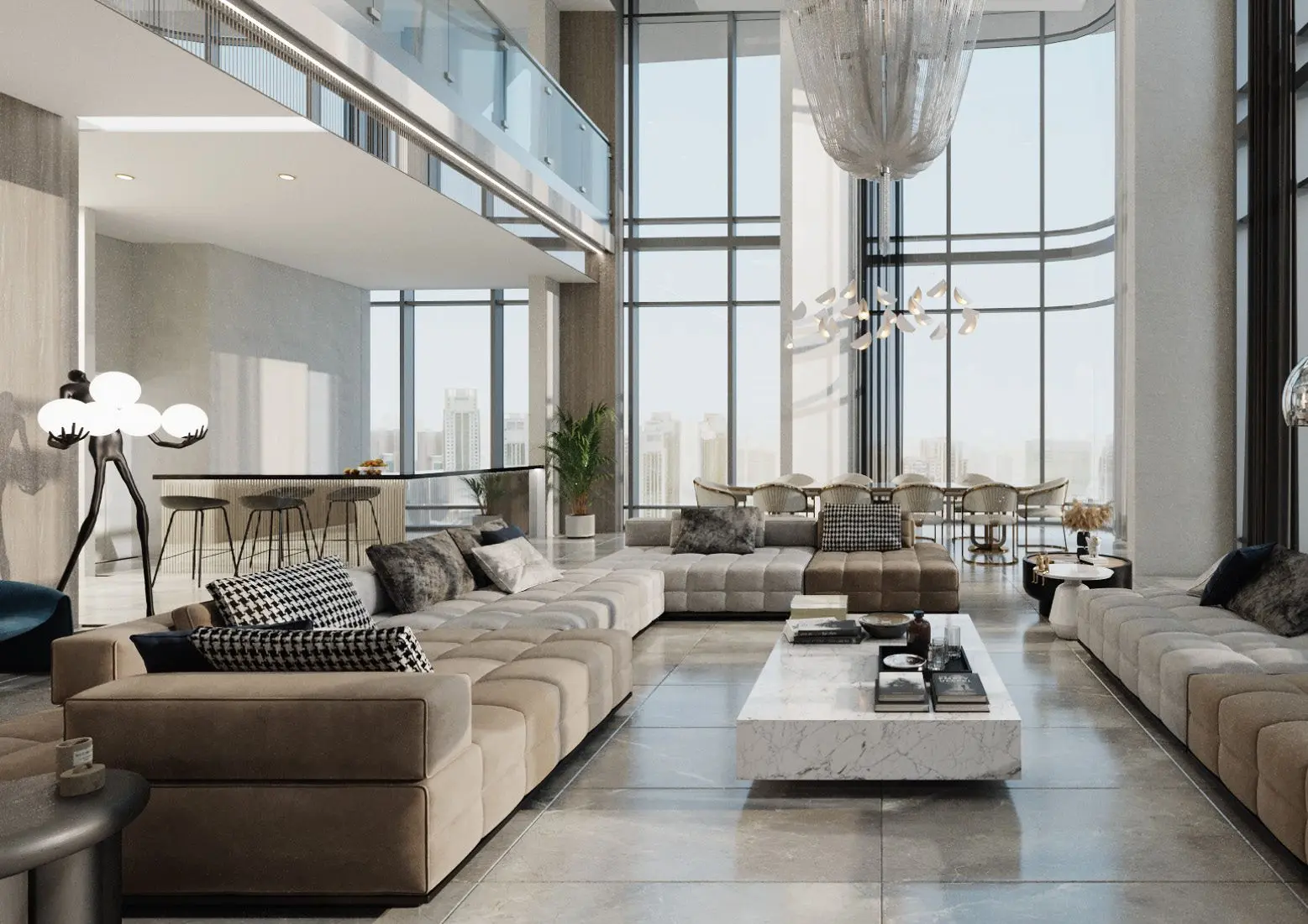 Modern open-plan kitchen interior featuring premium marble countertops at Radiant Bay tower in Al Reem Island, Abu Dhabi.