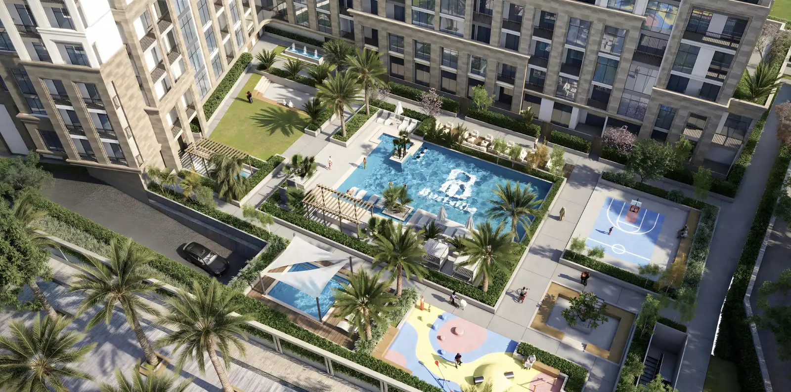 Sophisticated ground floor entrance lobby and drop-off driveway designed for Bab Al Qasr Residence 31 luxury apartments Yas Island Abu Dhabi