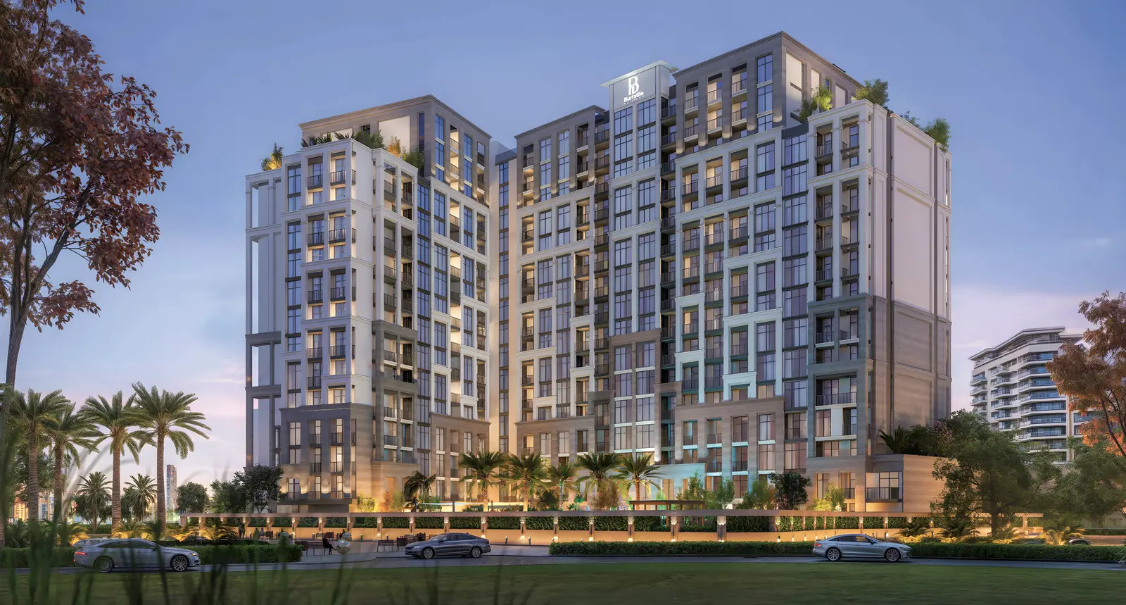 Contemporary balcony glass balustrades framing coastal skyline views at Bab Al Qasr Residence 31 residential development Yas Bay Abu Dhabi