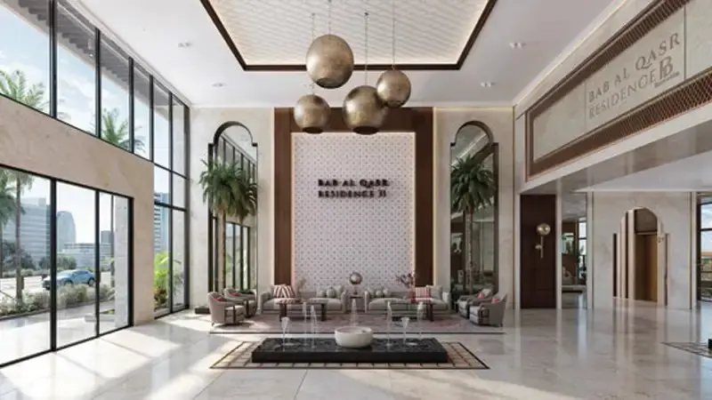 Sophisticated open concept living room interior featuring elegant furnishings at Bab Al Qasr Residence 31 apartments Yas Bay Abu Dhabi