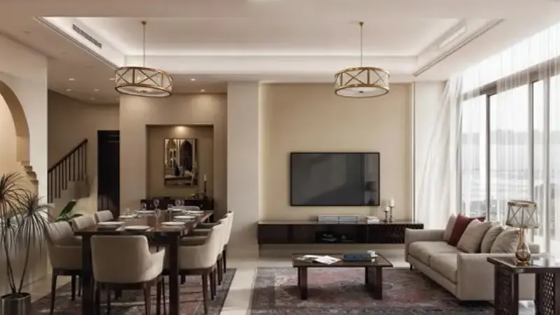 Master bedroom layout showcasing floor to ceiling windows and private balcony access at Bab Al Qasr Residence 31 Yas Bay