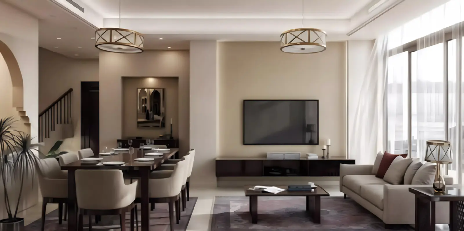 Elegant modern dining area integrated with ambient designer lighting features at Bab Al Qasr Residence 31 apartments Yas Bay Abu Dhabi