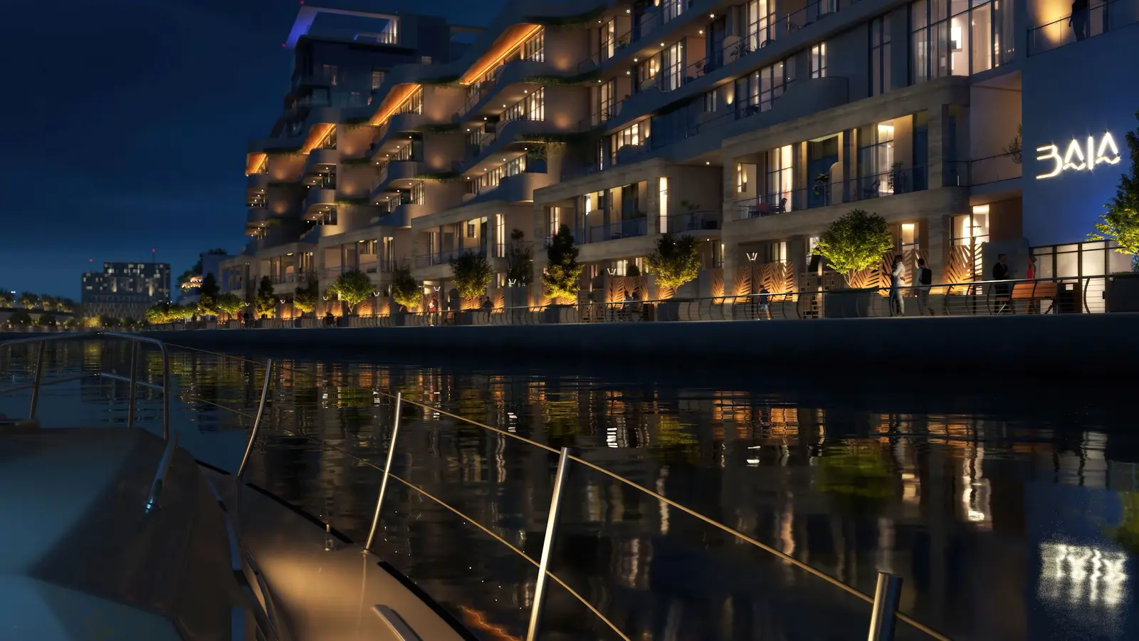 Twilight view of exterior perimeter lighting illuminating modern facades at BAIA luxury townhouses Al Raha Beach Abu Dhabi
