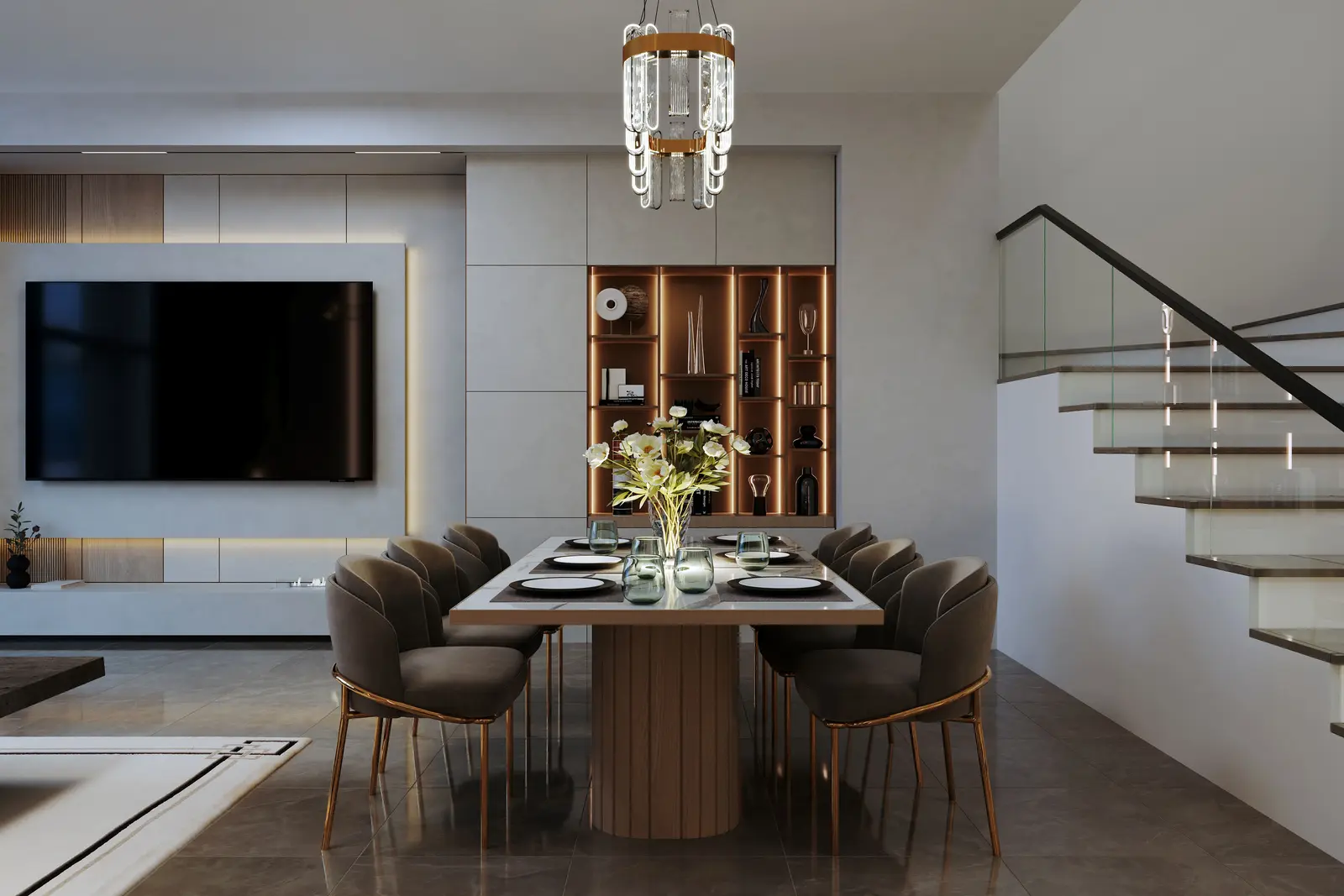 Expansive open layout living room showcasing designer decor and floor to ceiling glazing inside BAIA townhouse Al Raha
