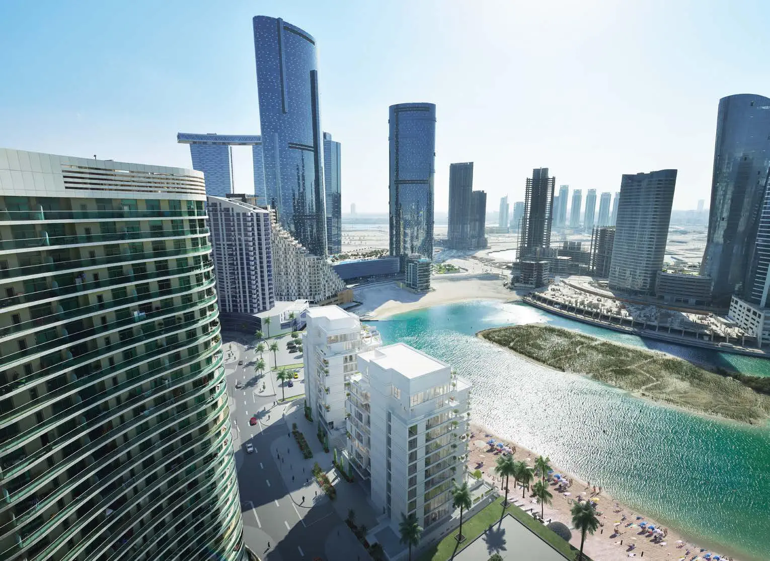 Outdoor swimming pool and sun lounge deck at Yasmina Residence, Al Reem Island, Abu Dhabi.