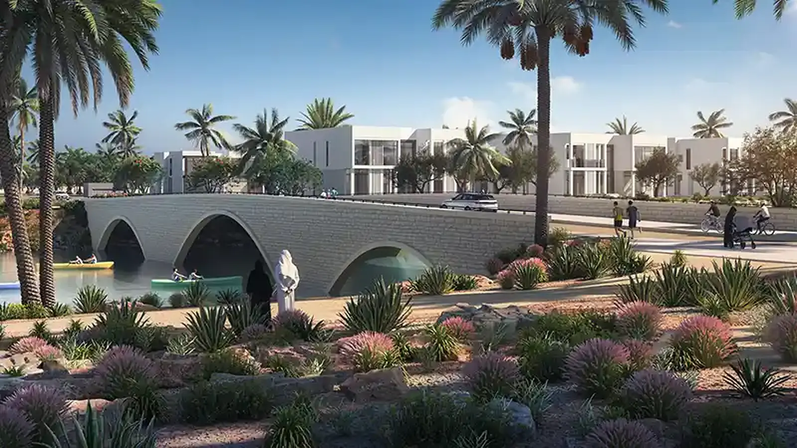 Landscaped private villa driveway and secure covered parking garage entrance for luxury residences at Ain Al Maha Jubail Island