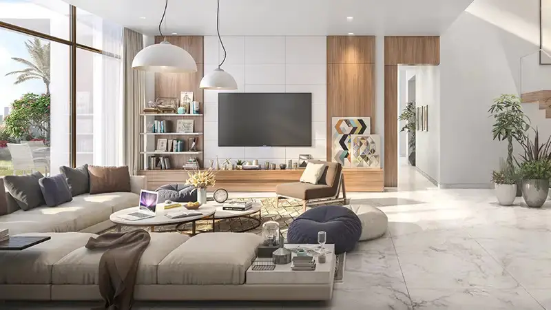 Formal dining room layout integrated with ambient light fixtures and expansive outdoor patio access at Ain Al Maha Abu Dhabi