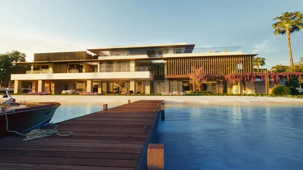 Extensive outdoor entertaining terrace with barbecue kitchen and shaded dining pavilions at Bada Al Jubail project Jubail Island Abu Dhabi
