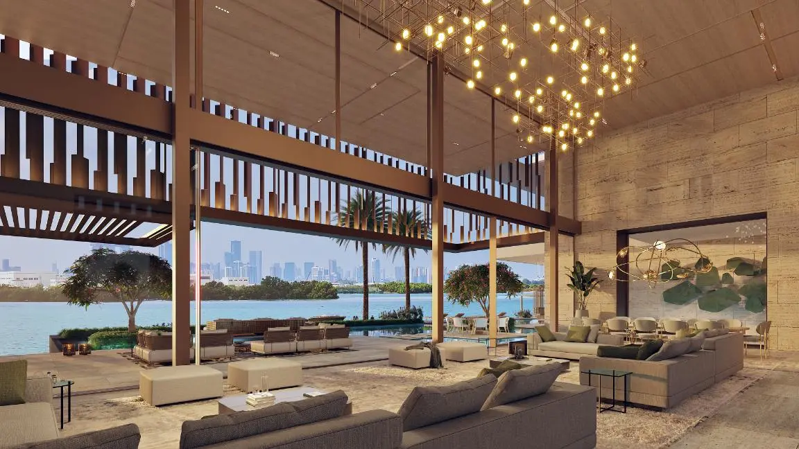 Twilight illumination of bespoke mansion facade showcasing ambient architectural exterior lighting schemes at Bada Al Jubail Jubail Island Abu Dhabi