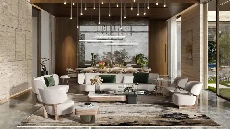 Vast open concept formal living room featuring panoramic floor to ceiling glass windows at Bada Al Jubail Jubail Island