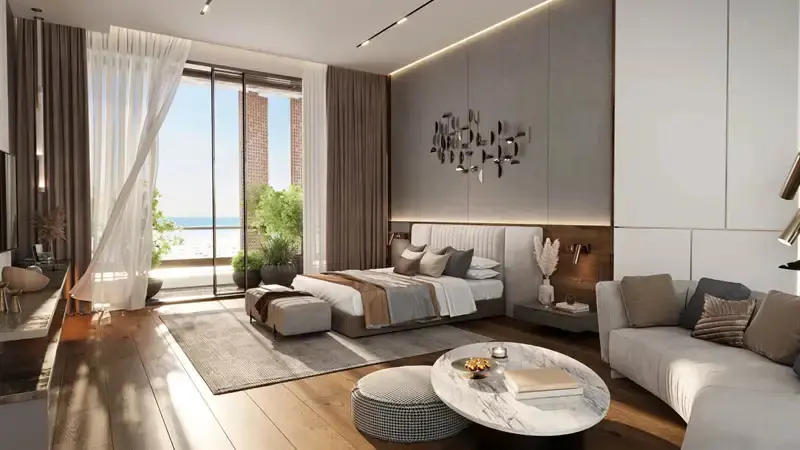 Palatial master bedroom wing with direct private terrace access and panoramic water views at Bada Al Jubail Jubail Island