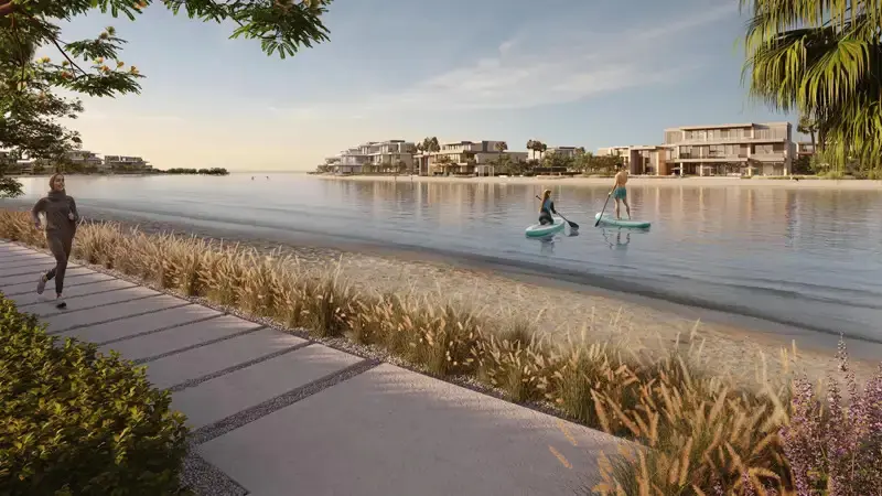 Private boat mooring jetty and personal yacht berth situated directly in front of mansions at Bada Al Jubail Abu Dhabi