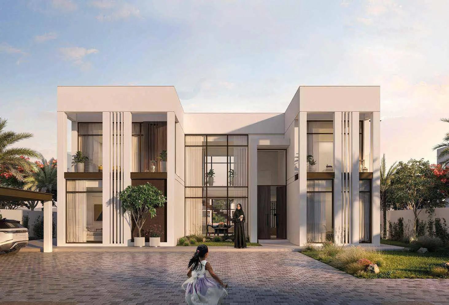 Seef Al Jubail luxury villa exteriors featuring clean lines and large glass windowsSeef Al Jubail luxury villa exteriors featuring clean lines and large glass windows