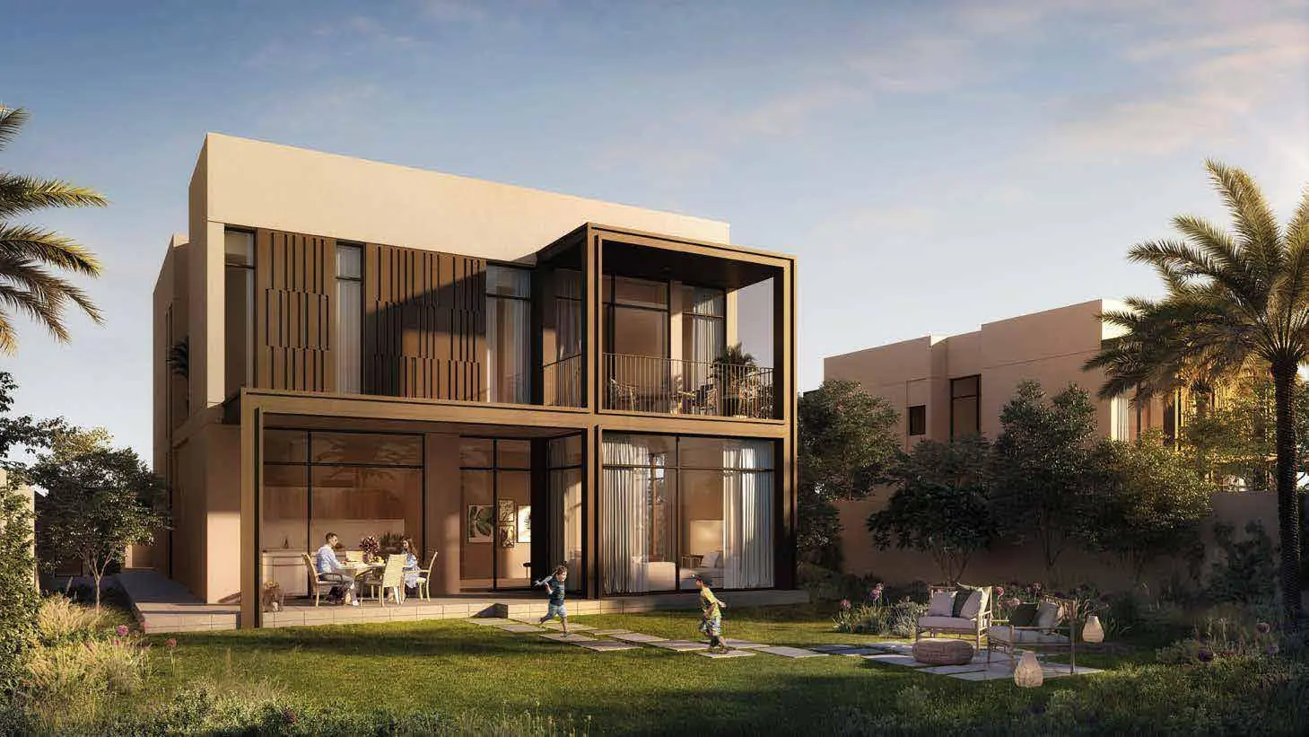 Seef Al Jubail private villa gardens and outdoor living spaces surrounded by greenery