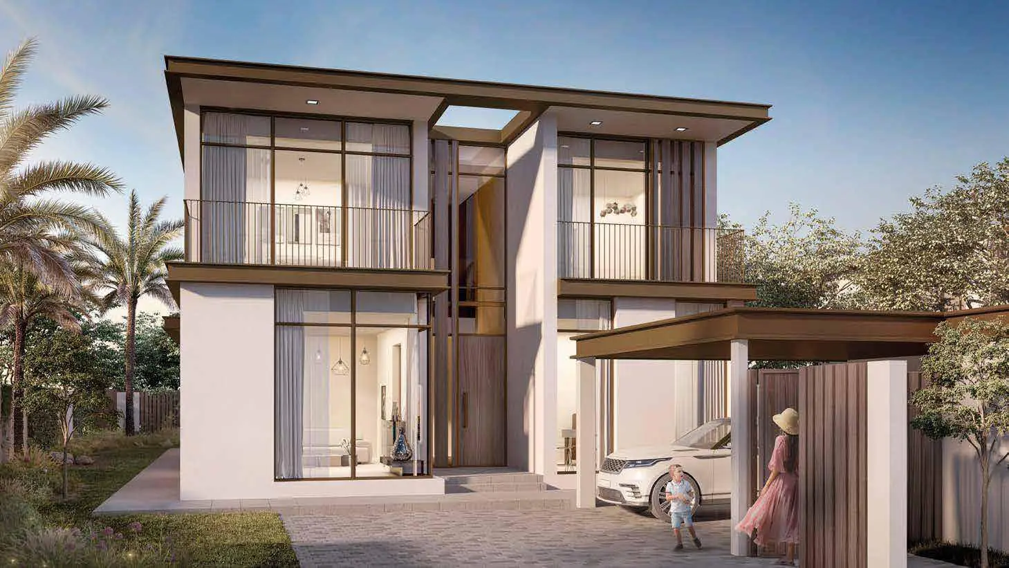 Seef Al Jubail front elevation of 4 bedroom villa with covered parking and entrance