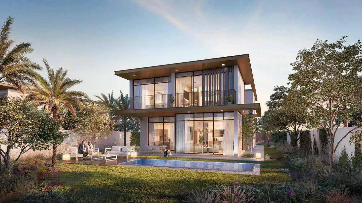 Seef Al Jubail rear elevation of luxury villa overlooking pool and outdoor seating areas