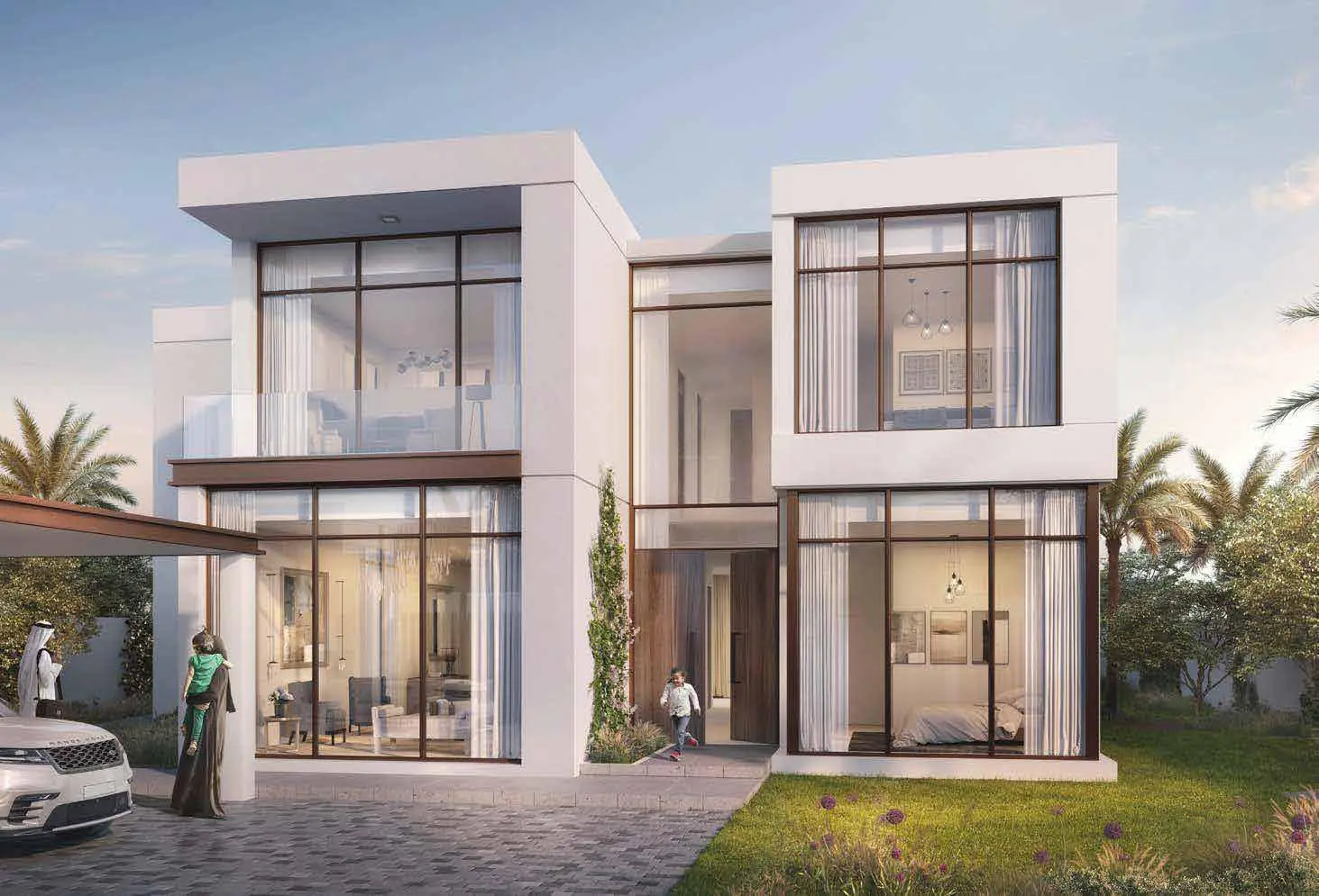 Seef Al Jubail evening exterior view of villas with warm lighting and landscaped grounds