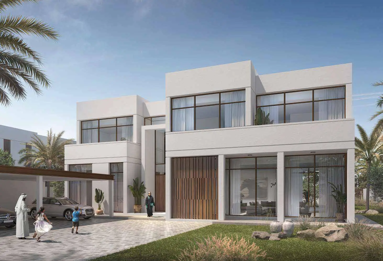 Seef Al Jubail private villa gardens and outdoor living spaces surrounded by greenery