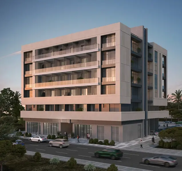 Street corner perspective of the Ground plus 5-story mixed-use building profile of nasma1 in Al Shamkhah Abu Dhabi