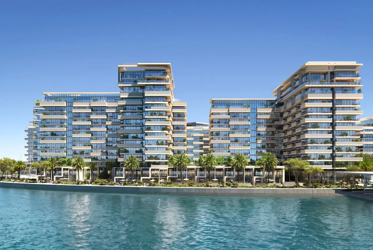 Ghayah 1 & 2 waterfront exterior in Al Rahah Abu Dhabi with modern residential buildings and sea views