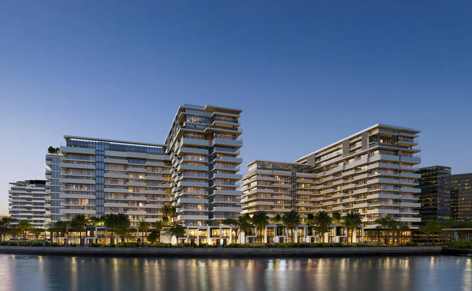 Ghayah 1 & 2 waterfront residential exterior in Al Rahah Abu Dhabi with marina and open sea views