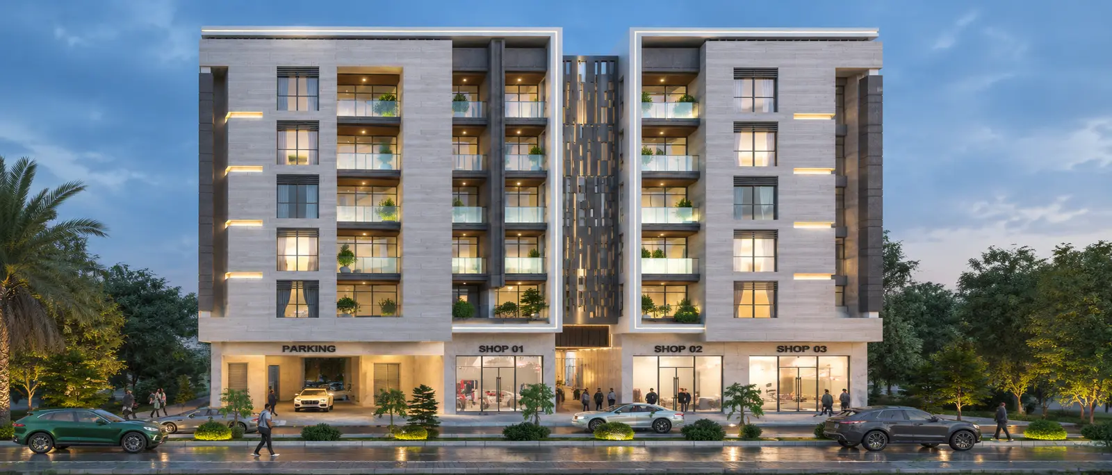 Cinematic Mixed-Use Building at Dusk.png