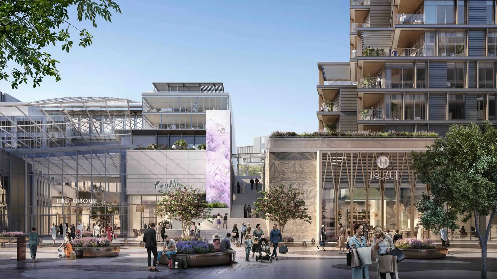Contemporary low-rise exterior architecture and water features at Grove Fountain Views in Saadiyat Cultural District, Abu Dhabi.
